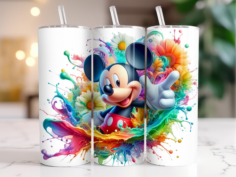 Mickey Mouse Tumbler Wrap PNG, 20 oz Watercolor Splash Digital Design High Resolution Instant Digital PNG Download image 1