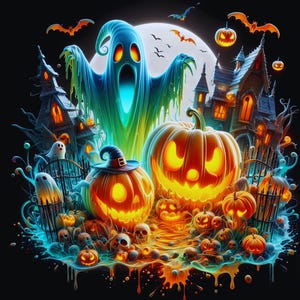 Puede incluir: Ilustraci&oacute;n vibrante de Halloween con calabazas brillantes, un fantasma espectral, murci&eacute;lagos y casas embrujadas. La obra de arte utiliza colores brillantes y un estilo de dibujos animados para crear una escena espeluznante pero acogedora.