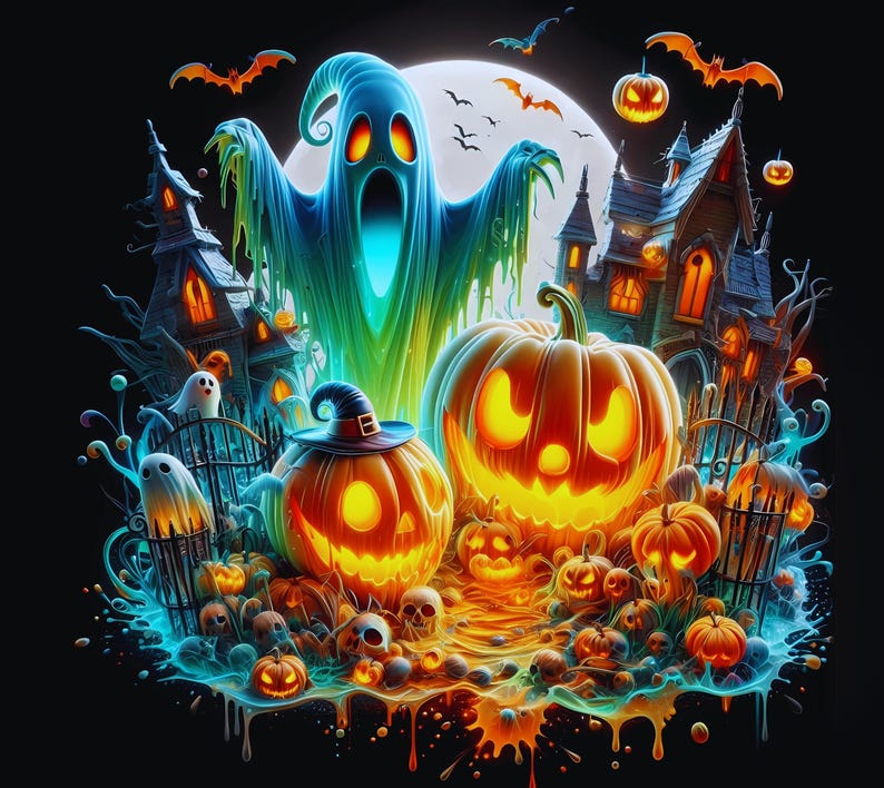 Puede incluir: Ilustraci&oacute;n vibrante de Halloween con calabazas brillantes, un fantasma espectral, murci&eacute;lagos y casas embrujadas. La obra de arte utiliza colores brillantes y un estilo de dibujos animados para crear una escena espeluznante pero acogedora.