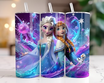 Elsa and Anna Frozen Tumbler Wrap PNG, 20 oz Watercolor Splash Digital Design - High Resolution - Instant Digital PNG Download