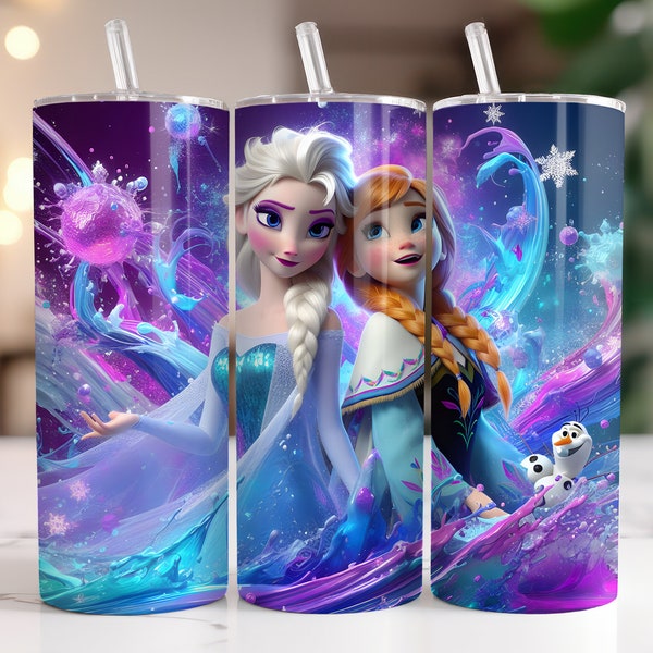 Elsa and Anna Frozen Tumbler Wrap PNG, 20 oz Watercolor Splash Digital Design - High Resolution - Instant Digital PNG Download
