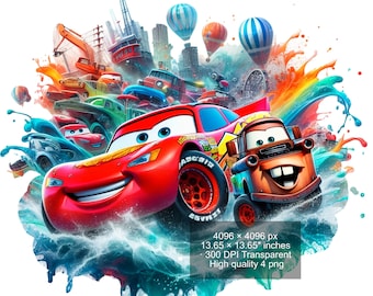 Rayo McQueen con acuarela PNG: 4 diseños de coches (Descarga digital)