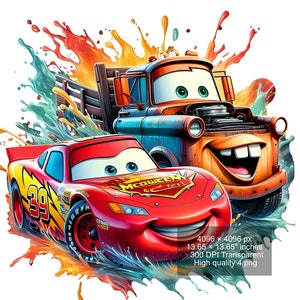 Puede incluir: Un coche de carreras rojo con el número 39 y el nombre "McQUEEN" en el lateral, junto a una camioneta de remolque naranja oxidada con una gran sonrisa. Ambos coches están rodeados de salpicaduras de pintura de colores.