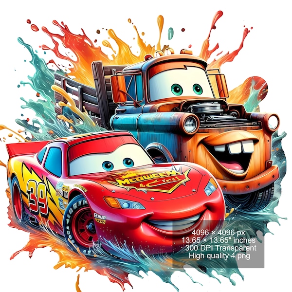 4 PNG Lightning McQueen Cars Splash and Watercolor Digital design PNG file for sublimation - High Resolution -Instant Digital PNG Download