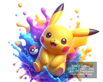 4 PNG Pikachu Splash and Watercolor Digital design PNG file for sublimation - High Resolution -Instant Digital PNG Download