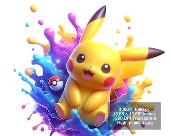 Pikachu Watercolor Splash PNG: High-Resolution Clipart (Digital Download)