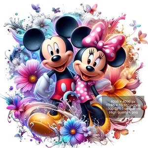 4 PNG Mickey Mouse and Minnie Splash and Watercolor Digital design PNG file for sublimation - High Resolution -Instant Digital PNG Download