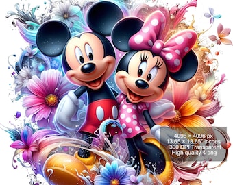 Mickey and Minnie Watercolor Splash 4 PNG: High Resolution Digital Design (Digital Download)