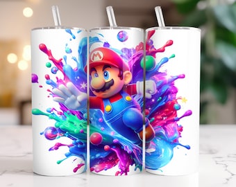 Super Mario Tumbler Wrap: 20 oz Watercolor Splash PNG (Digital Download)