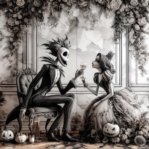 Peut inclure: Illustration en noir et blanc d'un squelette en costume &agrave; rayures assis sur une chaise, offrant un verre de vin &agrave; une femme en robe de bal. Des citrouilles et des bougies sont au sol. Le fond pr&eacute;sente du papier peint floral.