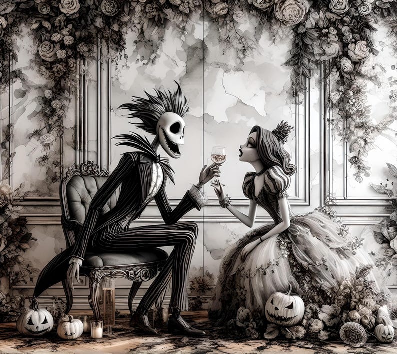 Peut inclure: Illustration en noir et blanc d'un squelette en costume &agrave; rayures assis sur une chaise, offrant un verre de vin &agrave; une femme en robe de bal. Des citrouilles et des bougies sont au sol. Le fond pr&eacute;sente du papier peint floral.