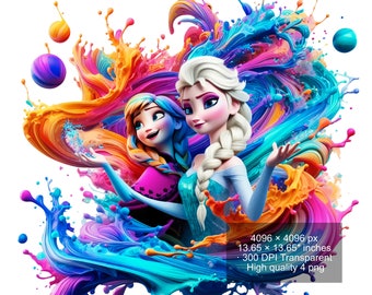 4 PNG Elsa and Anna Frozen Splash and Watercolor Digital design PNG file for sublimation - High Resolution -Instant Digital PNG Download