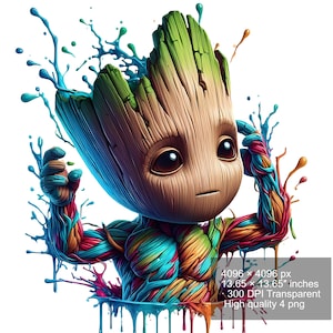 Zestaw 4 akwareli splash Baby Groot png Obrazy cyfrowe do druku, koszulki, Groot Print Wysoka rozdzielczość-natychmiastowe pobieranie cyfrowe