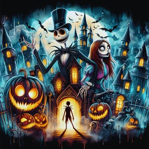 Puede incluir: Ilustraci&oacute;n digital con Jack Skellington con traje de rayas y sombrero de copa, con Sally, calabazas y un pueblo espeluznante. El fondo incluye una luna llena, murci&eacute;lagos y arquitectura g&oacute;tica, todo en un tema oscuro de Halloween.