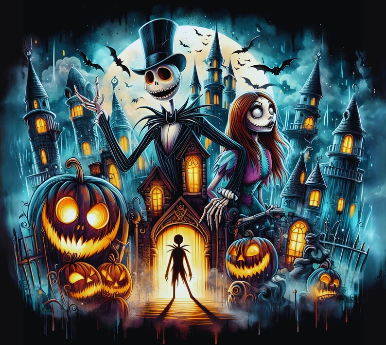 Puede incluir: Ilustraci&oacute;n digital con Jack Skellington con traje de rayas y sombrero de copa, con Sally, calabazas y un pueblo espeluznante. El fondo incluye una luna llena, murci&eacute;lagos y arquitectura g&oacute;tica, todo en un tema oscuro de Halloween.