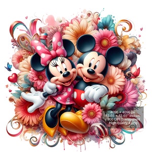 May include: Mickey Mouse and Minnie Mouse are standing in front of a colorful floral background. Mickey is wearing red shorts and Minnie is wearing a pink polka dot dress. They are both smiling.