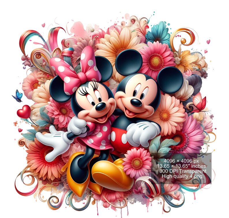 May include: Mickey Mouse and Minnie Mouse are standing in front of a colorful floral background. Mickey is wearing red shorts and Minnie is wearing a pink polka dot dress. They are both smiling.