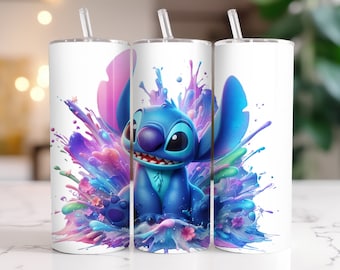 Envoltura para vaso Stitch PNG: Diseño de salpicadura de acuarela de 20 oz (descarga digital)