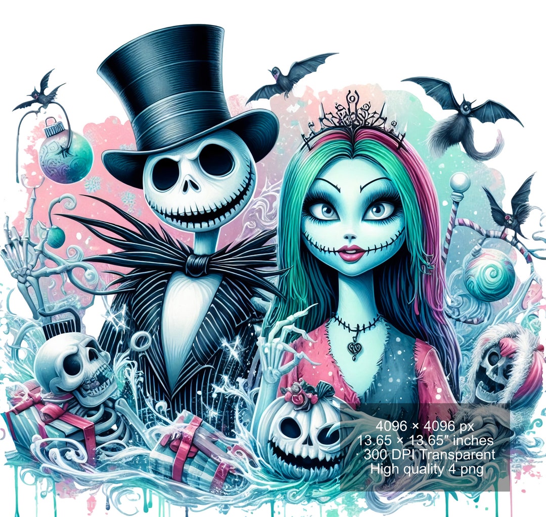 4 PNG Watercolor and Splash Jack and Sally Png for Christmas,nightmare