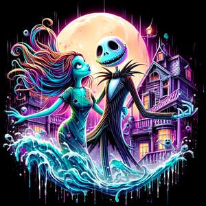 Puede incluir: Ilustraci&oacute;n digital de Jack Skellington y Sally de Pesadilla antes de Navidad. Est&aacute;n en el agua con una luna llena, una casa embrujada y lluvia. Jack lleva un traje a rayas y Sally un vestido verde.