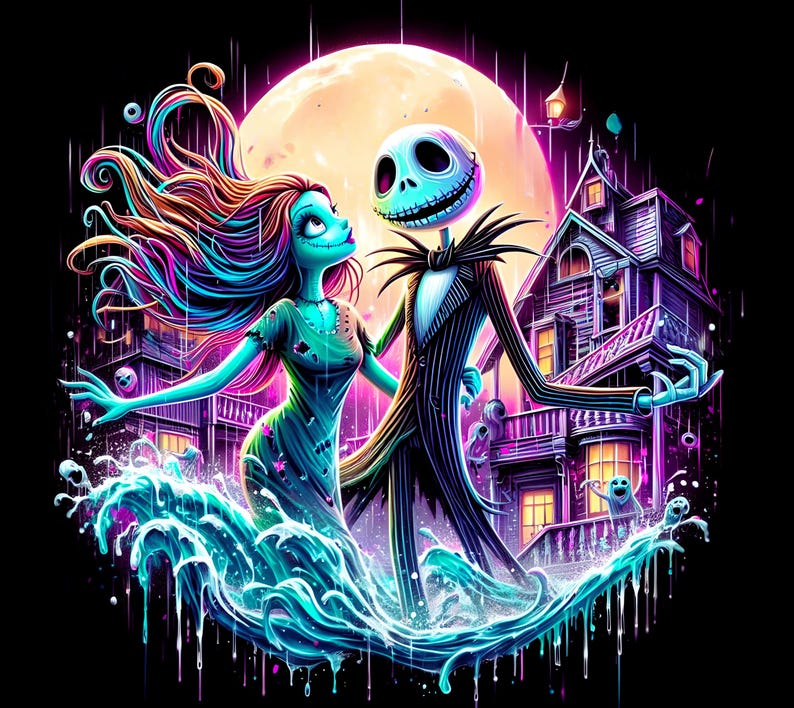 Puede incluir: Ilustraci&oacute;n digital de Jack Skellington y Sally de Pesadilla antes de Navidad. Est&aacute;n en el agua con una luna llena, una casa embrujada y lluvia. Jack lleva un traje a rayas y Sally un vestido verde.