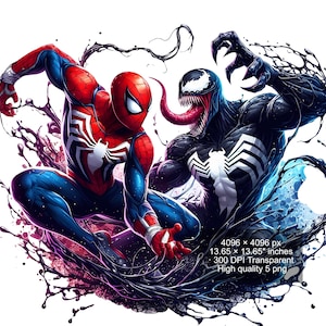 May include: A digital illustration of Spider-Man and Venom facing off against each other. Spider-Man is in his red and blue suit with a black spider symbol on his chest. Venom is in his black suit with a white spider symbol on his chest. The background is a black and blue splatter pattern.