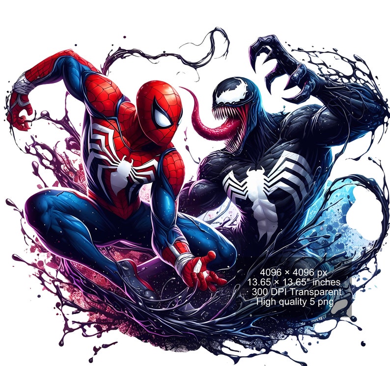 May include: A digital illustration of Spider-Man and Venom facing off against each other. Spider-Man is in his red and blue suit with a black spider symbol on his chest. Venom is in his black suit with a white spider symbol on his chest. The background is a black and blue splatter pattern.