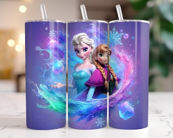 エルサとアナの「アナと雪の女王」タンブラーラップ：水彩スプラッシュデザイン（デジタルPNGダウンロード）