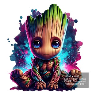 Zestaw 4 akwareli splash Baby Groot png Obrazy cyfrowe do druku, koszulki, Groot Print Wysoka rozdzielczość-natychmiastowe pobieranie cyfrowe