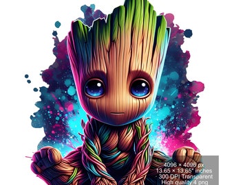 Set van 4 aquarel splash Baby Groot png Digitale afbeeldingen voor afdrukken, T-shirts, Groot Print Hoge resolutie-Instant Digitale Download