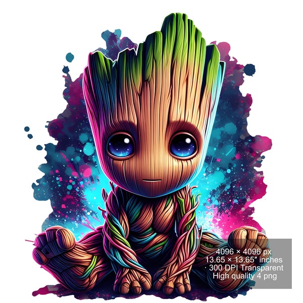 Set of 4 Watercolor splash Baby Groot png Digital images for printing, T-Shirts, Groot Print High Resolution-Instant Digital Download