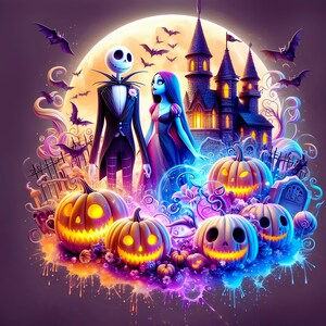 Puede incluir: Ilustraci&oacute;n digital de Jack Skellington y Sally de Pesadilla antes de Navidad, frente a una luna llena. La escena incluye un castillo espeluznante, calabazas talladas, murci&eacute;lagos y un cementerio, todo en colores vibrantes.