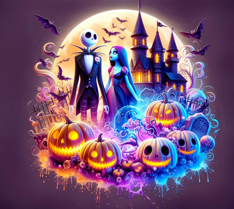 Puede incluir: Ilustraci&oacute;n digital de Jack Skellington y Sally de Pesadilla antes de Navidad, frente a una luna llena. La escena incluye un castillo espeluznante, calabazas talladas, murci&eacute;lagos y un cementerio, todo en colores vibrantes.