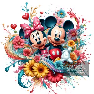 May include: Mickey Mouse and Minnie Mouse are surrounded by colorful flowers and paint splatters. Mickey is wearing red shorts and Minnie is wearing a red and white polka dot dress with a red bow.