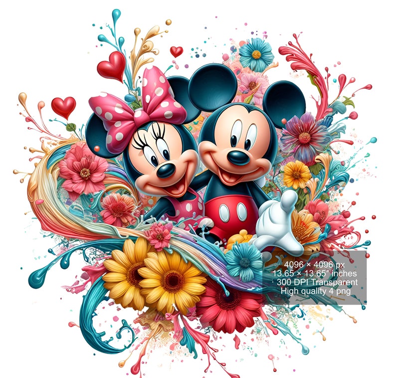 May include: Mickey Mouse and Minnie Mouse are surrounded by colorful flowers and paint splatters. Mickey is wearing red shorts and Minnie is wearing a red and white polka dot dress with a red bow.