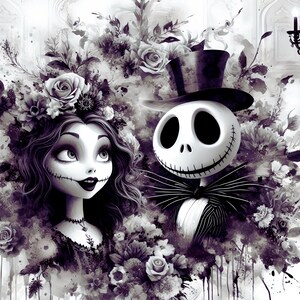 Peut inclure: Illustration num&eacute;rique de Jack Skellington et Sally de L'&Eacute;trange No&euml;l de Monsieur Jack. Jack, avec un visage de cr&acirc;ne et un chapeau haut de forme, est &agrave; c&ocirc;t&eacute; de Sally, entour&eacute;s de fleurs violettes et d'un fond gothique.