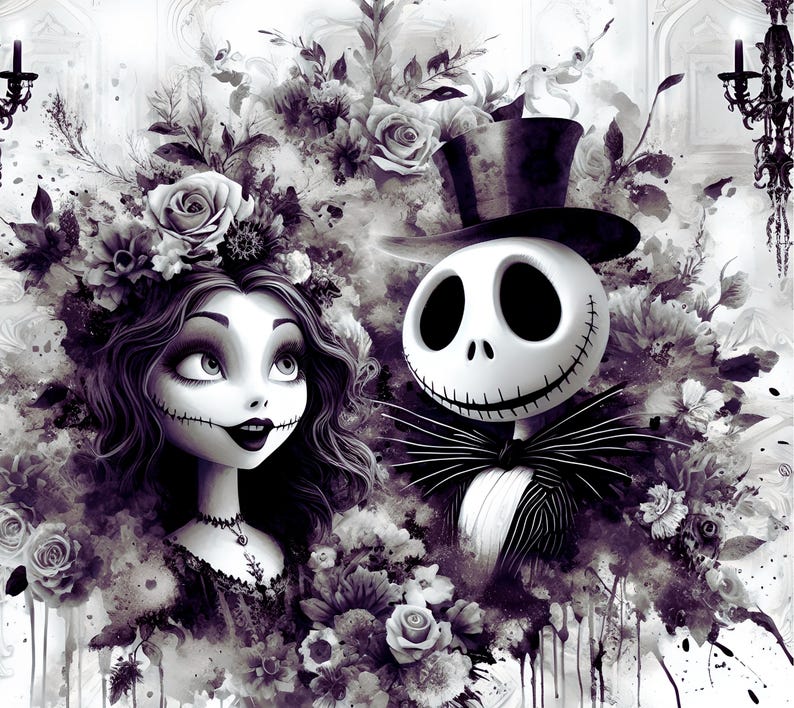 Peut inclure: Illustration num&eacute;rique de Jack Skellington et Sally de L'&Eacute;trange No&euml;l de Monsieur Jack. Jack, avec un visage de cr&acirc;ne et un chapeau haut de forme, est &agrave; c&ocirc;t&eacute; de Sally, entour&eacute;s de fleurs violettes et d'un fond gothique.