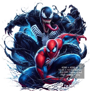 May include: A digital illustration of Spider-Man and Venom in a dynamic pose. Spider-Man is in the foreground, wearing his red and blue suit with a white spider symbol. Venom is in the background, with a black and white symbiote suit and a large, open mouth.
