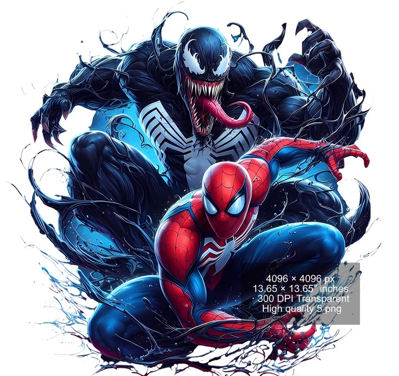 May include: A digital illustration of Spider-Man and Venom in a dynamic pose. Spider-Man is in the foreground, wearing his red and blue suit with a white spider symbol. Venom is in the background, with a black and white symbiote suit and a large, open mouth.