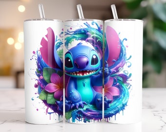 Envoltura de vaso Stitch PNG: Diseño con salpicaduras de acuarela (Descarga digital)