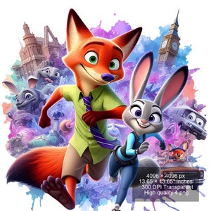 4 PNG Zootopia Nick & Judy Splash und Aquarell Digitales Design PNG-Datei für Sublimation - Hohe Auflösung - Sofortiger digitaler PNG Download