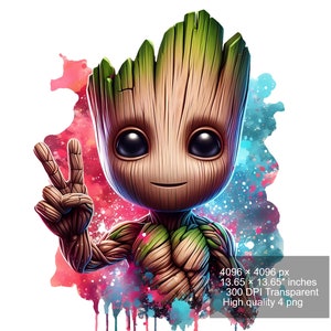 以下が含まれることがあります： 平和のサインをしている緑と茶色の漫画のキャラクターのデジタルイラスト。キャラクターは、大きな笑顔と大きな目をした大きな頭をしています。背景は、ピンク、青、緑のしぶきのあるカラフルな抽象的なデザインです。