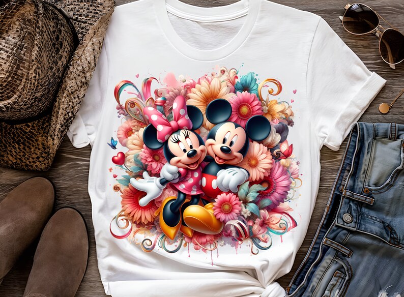 May include: White t-shirt with a colorful graphic print of Mickey Mouse and Minnie Mouse surrounded by flowers.