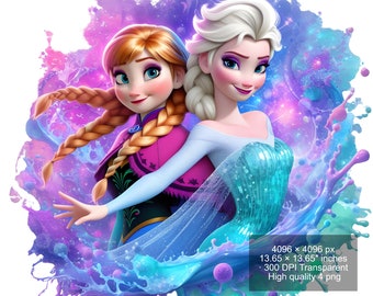 4 PNG Elsa and Anna Frozen Splash and Watercolor Digital design PNG file for sublimation - High Resolution -Instant Digital PNG Download