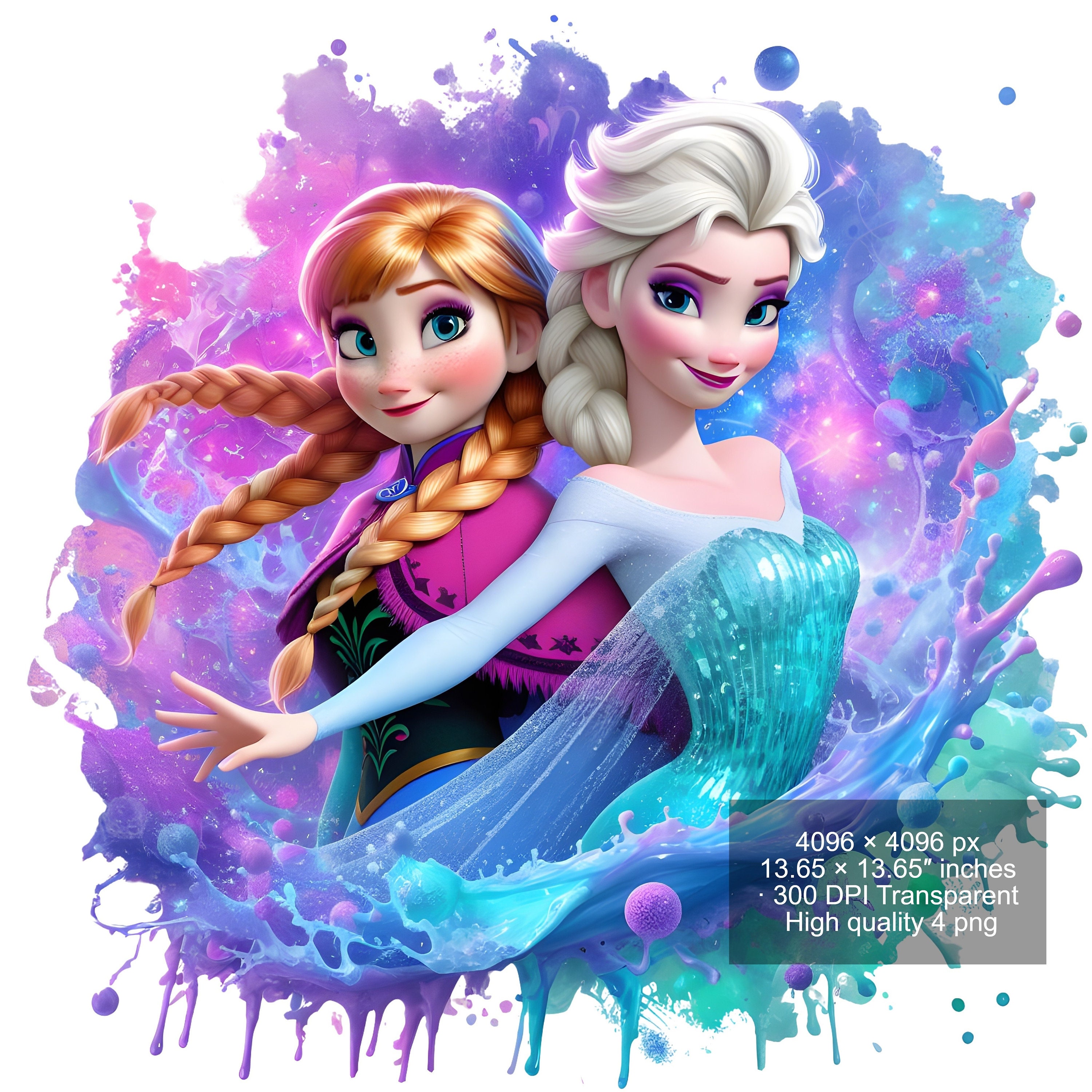 4 PNG Elsa and Anna Frozen Splash and Watercolor Digital design PNG file for sublimation - High Resolution -Instant Digital PNG Download