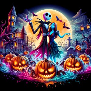 Peut inclure: Illustration num&eacute;rique de Jack Skellington et Sally de L'&Eacute;trange No&euml;l de Monsieur Jack, devant une pleine lune. La sc&egrave;ne comprend des citrouilles &eacute;clair&eacute;es, un cimeti&egrave;re effrayant, des chauves-souris et une maison hant&eacute;e, le tout dans des couleurs vives.