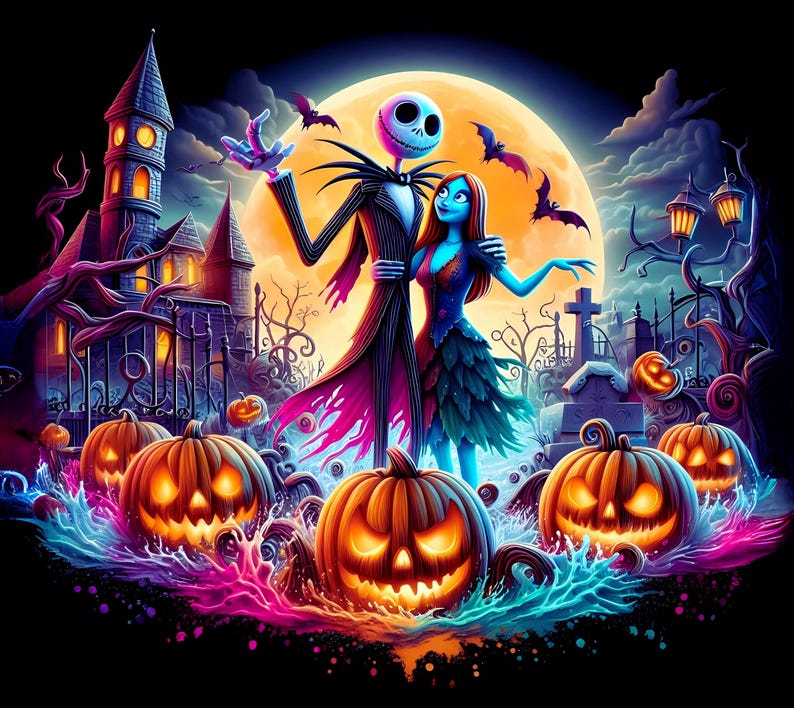 Peut inclure: Illustration num&eacute;rique de Jack Skellington et Sally de L'&Eacute;trange No&euml;l de Monsieur Jack, devant une pleine lune. La sc&egrave;ne comprend des citrouilles &eacute;clair&eacute;es, un cimeti&egrave;re effrayant, des chauves-souris et une maison hant&eacute;e, le tout dans des couleurs vives.