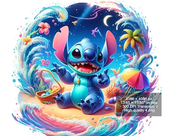 Salpicadura de acuarela de Stitch PNG: Diseño de playa de verano (Descarga digital)
