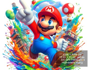 4 PNG Super Mario Splash and Watercolor Digital design PNG file for sublimation - High Resolution -Instant Digital PNG Download