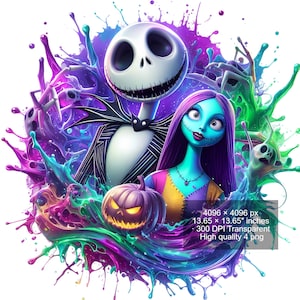 4 PNG Jack and Sally Splash and Watercolor Digital design PNG file for sublimation - High Resolution -Instant Digital PNG Download